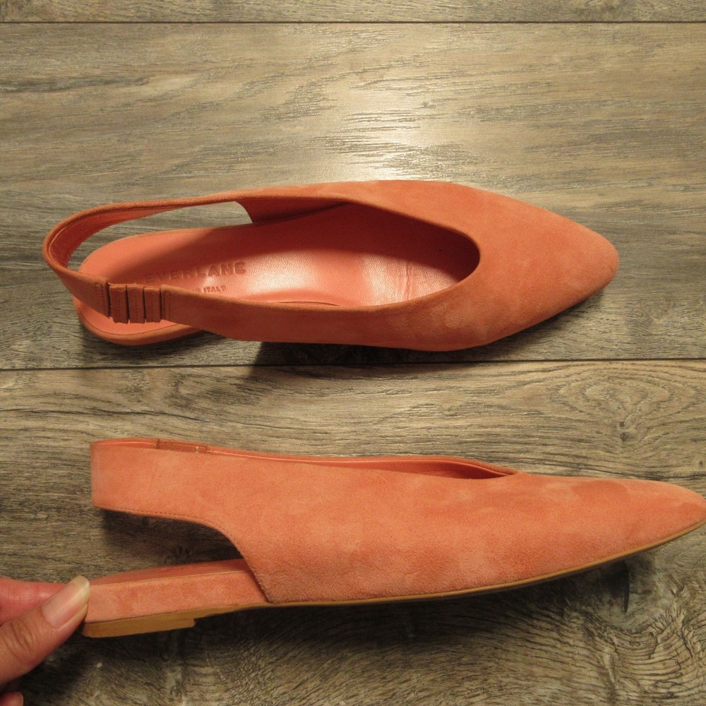 Everlane Flats 6 The Editor Slingback Pointed Toe Suede Coral Italian Leather